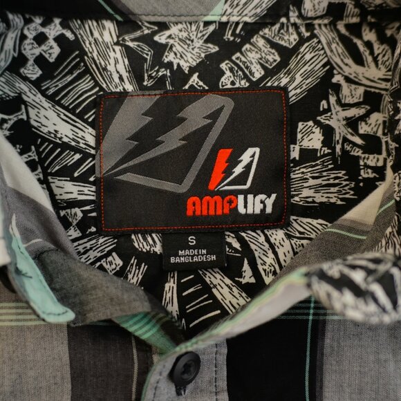 DAMAGED Amplify Black White Gray Plaid Small Button Front Dress Shirt Short Slee - Picture 11 of 12